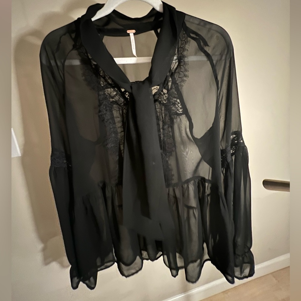 Free People 🖤 Sheer Lace Blouse with Tie Neck